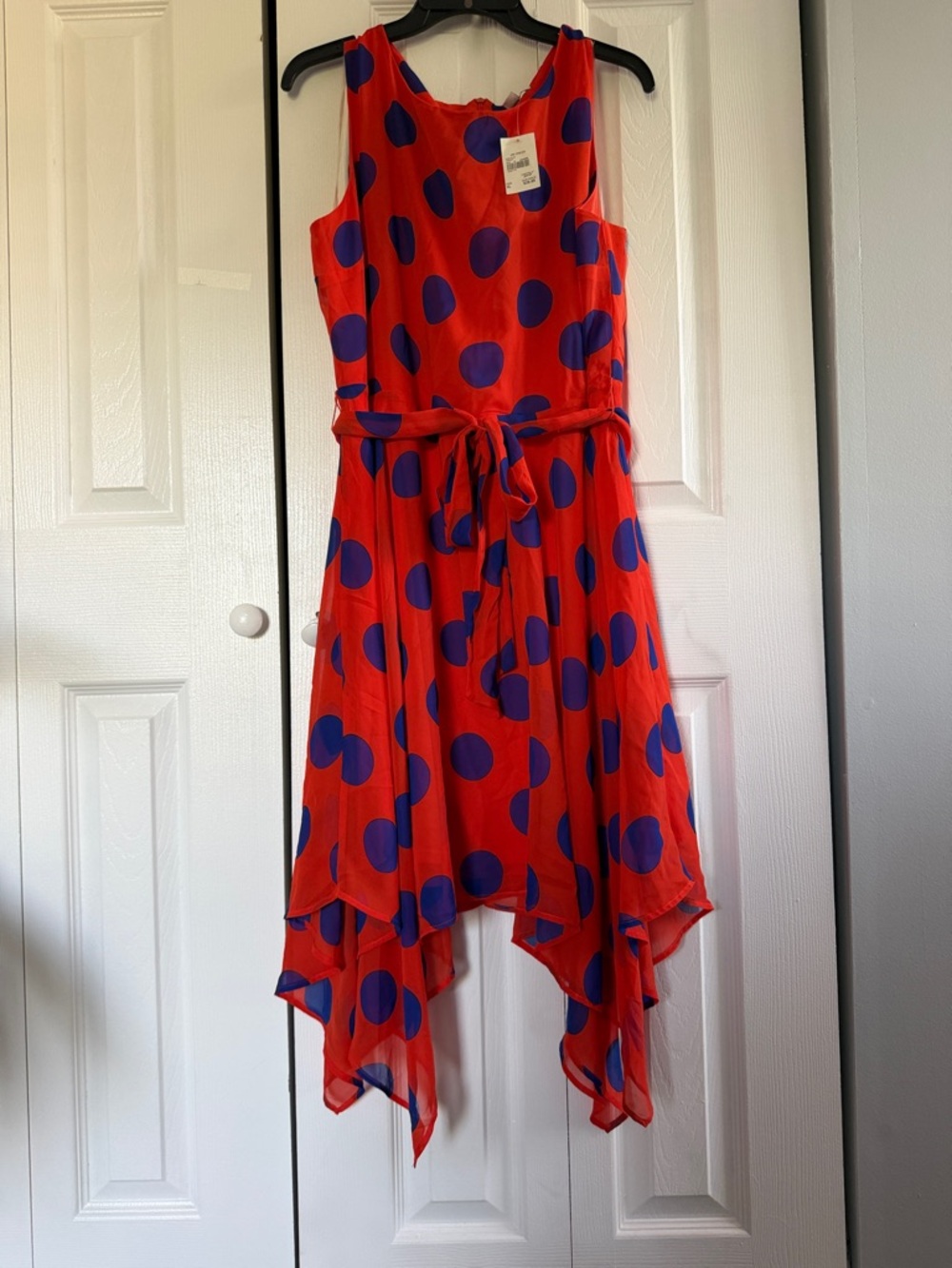Orange & Blue Handkerchief Hem Dress, XL, large blue polka dots on bright orange